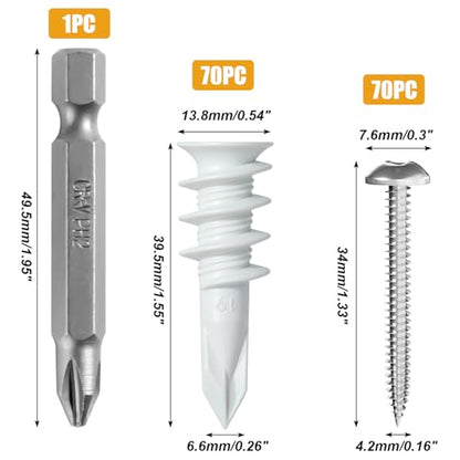 KURUI 140Pcs #8 Self Drilling Drywall Anchors and Screws Kit, No Drill Hole
