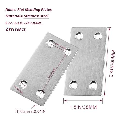 50PCS Flat Metal Brackets, 2.36" 304 Stainless Steel Mending Plates - size: 2.36X1.5X0.06IN