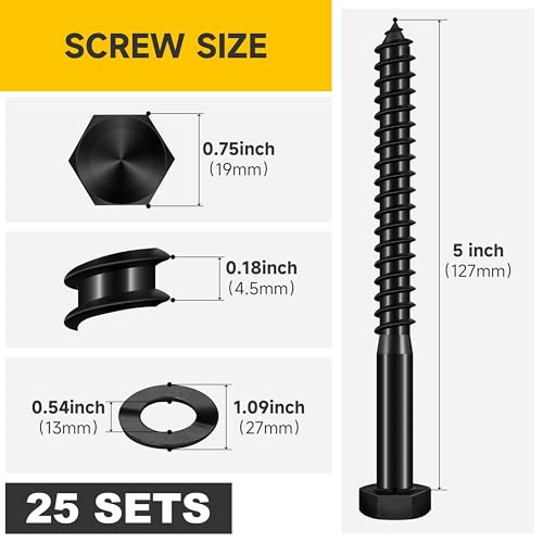 Mywish (25Sets) 1/2" x 5" Lag Bolts, 304 Stainless Steel 1/2 inch Lag Screws Bolts for Wood, Heavy Duty Hex Head with Flat Washers Bolt Kit, Black Oxided - size: 1/2 x 5"