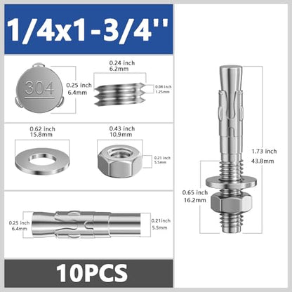 Wensilon 10Pcs 1/4x1-3/4 Inch Standard Fasteners for Heavy-Duty 304 Stainless Steel Wedge Anchors for Cement and Concrete - size: 1/4x1-3/4"