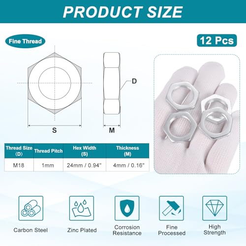 PATIKIL M18x1x4mm Steel Hex Nuts, 12Pcs Metric Fine Thread Carbon Steel Zinc Plated Finished Hardware Screw Nuts Fasteners for Machinery Manufacturing, Industrial Use, 24mm Width - size: M18x1x4mm