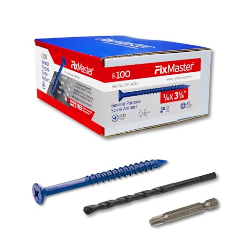 1/4 x 3-1/4" Countersunk Phillips Flat Head Blue Concrete Screw Anchors (100 pcs Screw Kit) with one Screwdriver and Drill Bit for Concrete, Masonry, Block, Brick and Wood Fastening - size: 1/4 x 3-1/4 in