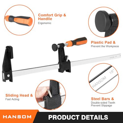4-Pack 18 inch Bar Clamps,Long Wood Clamps Heavy Duty Force 600 Lbs Adjustable and Release Quickly,Woodworking Clamps Throat Depth 2.5 inch with Plastic Handle - size: 18 INCH/4PCS