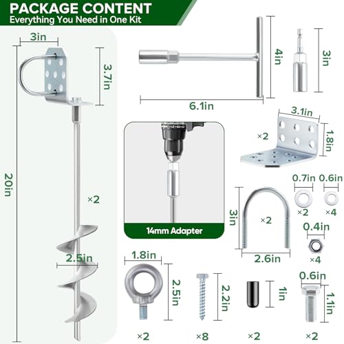 Swing Set Anchors 20" – Heavy Duty Ground Anchors Screw in with L-Brackets & Drill Adapter, Fully Welded Spiral Earth Anchor for Storage Sheds, Trampoline, Fence, Carports - size: 2 Pack