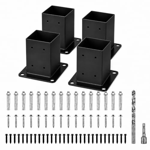 (4PCS) 4x4 Post Base, 3.6"x3.6" Inner Size Post Anchor, 13GA Heavy Duty Steel & Black Powder Coated, Deck Post Bracket for Fence, Pergola, Mailbox, Deck Railing – with Screws & Concrete Anchors