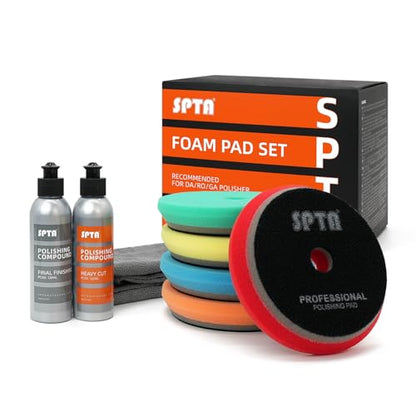 SPTA HD Buffing Polishing Pads, 5 Inch Orbital Buffer Pads Hook and Loop Buffing Pads, Foam Polish Pad 5 Grits from Coarse to Fine for 5 Inch DA Rotary Polisher Compounding, Polishing and Waxing - size: 5 Inch (125mm)