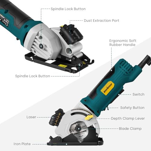 Enventor Mini Circular Saw with 3 Blades, 3-3/8 in, 4.8 A Corded