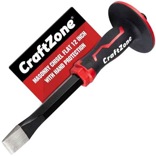 Masonry Chisel, Heavy Duty Flat End Rock Concrete Mortar Stone Brick Chisel with Protective Hand Guard for Breaking Carving Splitting Cutting Mason Tools (12-Inch) - size: 12in