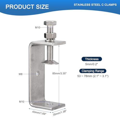 2 Pack 304 Stainless Steel C Clamps with 85mm/3.35" Stable Wide Jaw Opening Tiger Clamp for Woodworking Welding Construction Household Mount - size: 85mm/3.35"