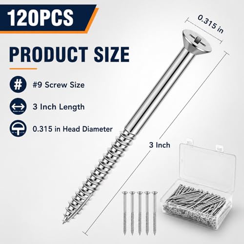 120 Pack #9 Long Satin Nickel Wood Screws Door Hinge Screws, 3 Inch
