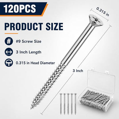 120 Pack #9 Long Satin Nickel Wood Screws Door Hinge Screws, 3 Inch