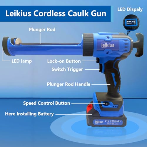 Electric Caulk Gun with LED Light, 6 Speed Adjustment for Kitchen Bathroom Filling, Sealing,Cordless Caulking Gun with 2x 2000mAh Batteries,Charger, Caulk Finish Tools,Nozzle and Knife