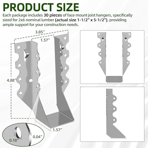 (30-Pack) Calvana 2x6 Steel Joist Hangers, 20 Gauge Double Shear Face Mount Rafter Brackets for Wood, Hurricane Ties for Rafters and Deck Brackets, for Pergola Hardware, Floors, Decks, Ceilings - size: 2*6" 30pk (Sliver)