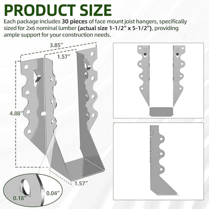(30-Pack) Calvana 2x6 Steel Joist Hangers, 20 Gauge Double Shear Face Mount Rafter Brackets for Wood, Hurricane Ties for Rafters and Deck Brackets, for Pergola Hardware, Floors, Decks, Ceilings - size: 2*6" 30pk (Sliver)