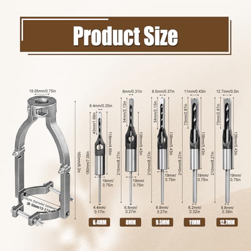 Square Hole Drill Bit & Adapter Set,Wood Mortiser Drill Bit Attachment,Mortising Chisel Set Drill Press Hollow Chisel Mortise Drill Tool for Mortise Machine (1/4, 5/16, 3/8,7/16,1/2") - size: 1/4, 5/16, 3/8,7/16,1/2"