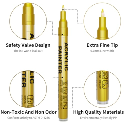 Gold Acrylic Paint Pens 6 Pcs Permanent Marker Pens Extra Fine - color: Gold