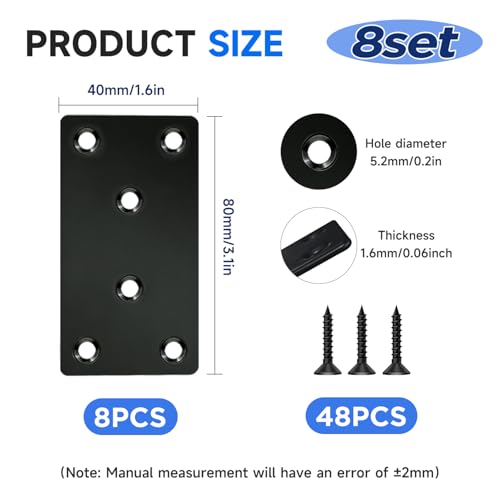 3.1x1.5'' Black Straight Flat Mending Plate for Wood Metal Braces Brackets with Holes (8Set/56Pcs) YY033-40x80 - size: 40x80