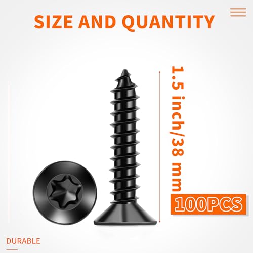 100 PCS #6 x 1-1/2" Flat Head Torx/Star Wood Screws, 18-8 (A2) Stainless Steel, Full Threaded & Black Coated for Durability, T15 Drive Bit Included, No.6 X 1-1/2" Multipurpose Screw by TPOHH - size: #6 X 1-1/2 inch