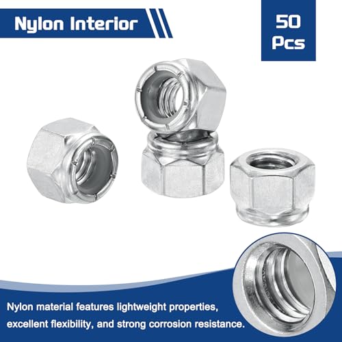 50Pcs 3/8"-16 Nylon Locking Hex Nuts 304 StainlessSteel Silver - color: Silver, size: 3/8"-16
