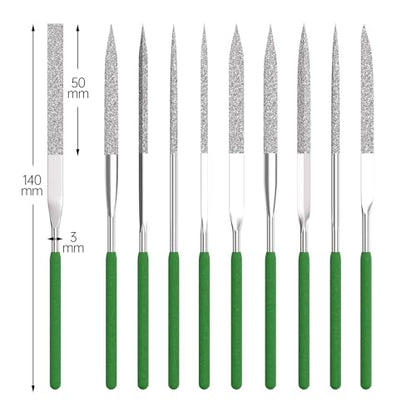 HUHAO 10-Piece Mini Diamond Needle File Set 3x140mm Small Metal Riffler Files Jewelers File Precision Hand Tools for Metal Glass Wood Stone Jewelry - Round Triangular Square Flat Shape - color: Silver, size: 3*140