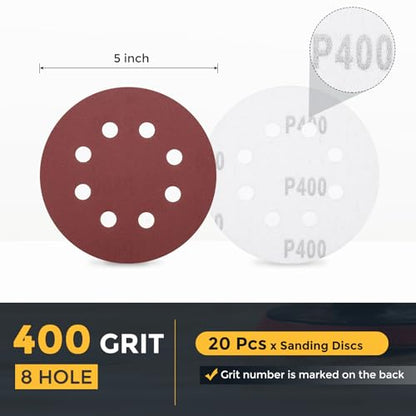 HARFINGTON 20 Pcs 5 Inch Sanding Discs 400 Grit Red Aluminum Oxide 8 Hole - size: 5 Inch(400 Grit)