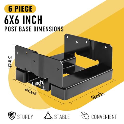 Black 6Pcs 6x6 Post Base Brackets for Concrete Fit for Actual 6x6 Wood Post