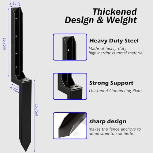 （2026 Upgraded） Heavy Duty Steel Fence Post Repair Bracket, Ground Spike Anchor for Fixing Leaning Broken Wooden Fence Posts, 31.5 Inch Height, Black 4-piece Set (4)