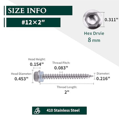 #12 x 2 Hex Head Self Tapping Screws for Wood Fiberboard, 410 Stainless Steel, Hexagon Head Quick Self Tapping Screws, 50 PCS, with Hex BIt - size: #12 x 2"