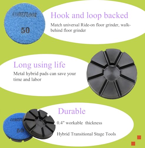 Hybrid Transitional Diamond Polishing Pucks for Concrete Terrazzo Floor, 3 Inch Hook and Loop Grinding Pads, 50#, 3PCS - style: 50#
