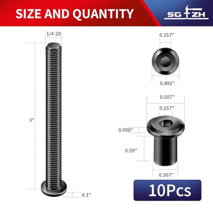 1/4-20 x 3 Inch 10Pcs Flat Head Hex Socket Cap Screws Bolts Barrel Nuts Kit, 304 Stainless Steel 18-8, Full Thread, Black Oxide by SG TZH (with Hex Spanner) - color: Black, size: 1/4-20 x 3"