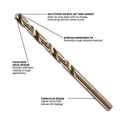 BOSCH CO2143B 1-Piece 1/4 in. x 4 in. Cobalt M42 Metal Drill Bit with Three-Flat Shank for Drilling Applications in Stainless Steel, Cast Iron, Titanium, Light-Gauge Metal, Aluminum - size: 1/4 x 4 in.