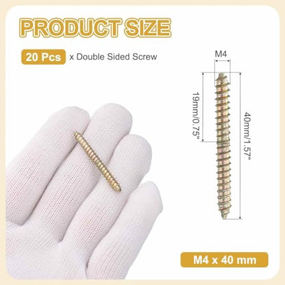 MECCANIXITY 20 Pcs Double Ended Screws, M4 x 40 mm Carbon Steel Hanger Bolts, Self-Tapping Wood Dowel Screws for Wood Joint Furniture, Color Zinc - size: M4 x 40 mm