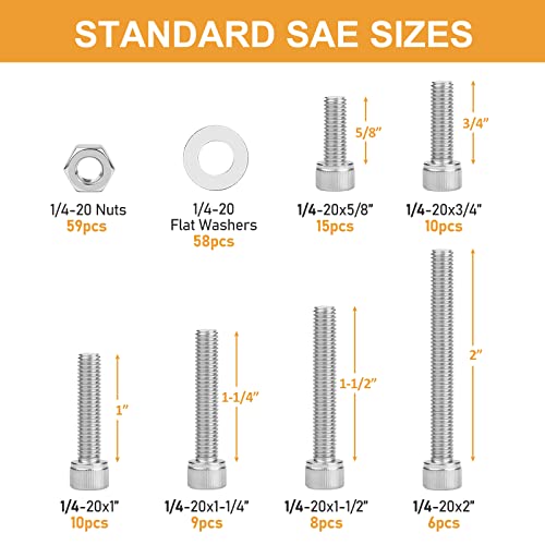 1/4-20 Hex Socket Head Cap Screw, VIGRUE 175PCS UNC Hexagon Bolts Washers Nuts Assortment Kit Machine Screws Set Stainless Steel 18-8 (304), Length from 5/8" to 2" - size: 175PCS 1/4-20 Socket Head
