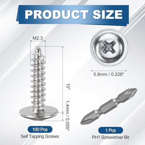 100pcs M2.3x10 Self Tapping Screws Carbon Steel Silver - size: M2.3x10