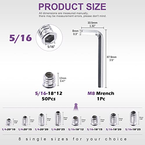 Swpeet 50Pcs 5/16" -18 x 12mm White Zinc Plated Carbon Steel Carbon Furniture Screw in Nut Threaded Wood Inserts Threaded Inserts Bolt Fastener Connector Hex Socket (5/16" -18 x 12mm) - size: 5/16" -18 x 12mm