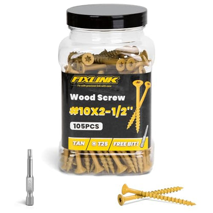 Deck Screws 2-1/2 Inch, 105PCS, FIXLINK #10 x 2-1/2" Wood Screws, Tan - color: Tan, size: #10 x 2-1/2"