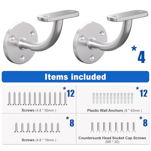 Stair Railing Bracket, 4 Pack Stainless Steel 316 Marine Grade Wall Mount Handrail Bracket for Wood & Metal Stair Railing, Support Flat Surface Square Tube, Brush Finish - size: Stainless Steel 316, style: 4 Pack