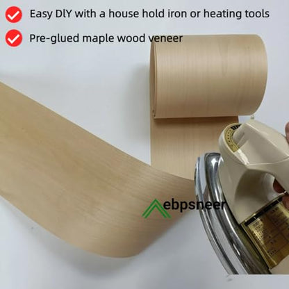 Maple Wood Veneer Sheet,Flat Cut,8.5''x 98'',Iron On Stick Veneer Roll Without Paper,Pre-glued Hot Melt Self Adhesive Strip for Cabinet Furniture Plywood Door Speaker Renovation Woodworking - color: Maple