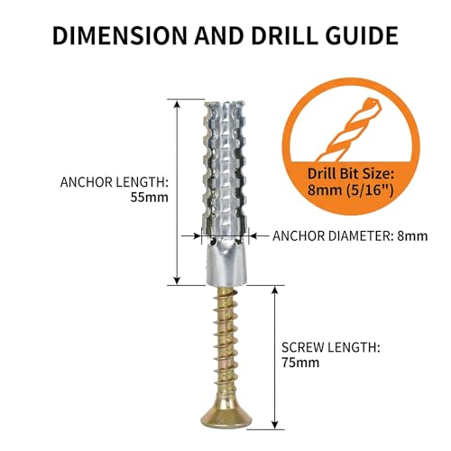 Concrete Wall Anchors and Screws Kit 50 Sets, 8mm Heavy Duty Masonry Anchors for Brick & Stone, Metal Expansion Wall Plugs Mounting Hardware for Shelf Installation