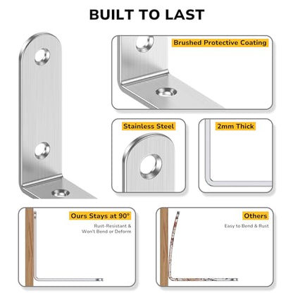 40 Pcs 2 Inch L Bracket Stainless Steel Corner Braces, 90 Degree Right Small Angle Shelf Bracket with Screws for Wood Furniture, Chairs, 50mm x 50mm, Silver