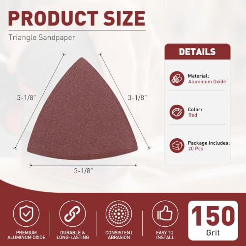 20Pcs Triangle Sandpaper 3-1/8" 150Grit Red - size: 3 1/8inch, 150 Grit