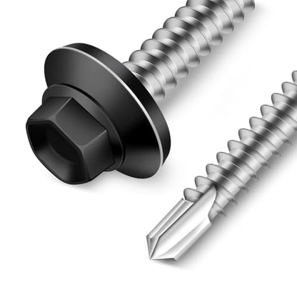 #10 x 1 Zinc Plated Steel Self Drilling Roofing Screws, Hex Head Self Tapping Screws with EPDM Washer, Black Head, 100 PCS - color: Black, size: #10 x 1"