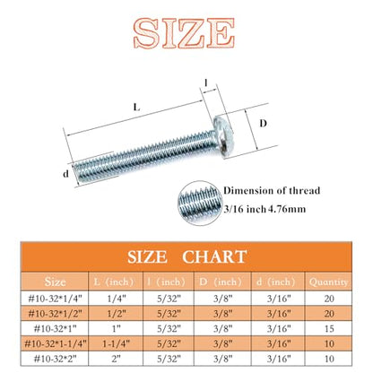 75 Pcs 5 Sizes #10-32 Machine Screws Knob Screws Cabinet Screw Electricians Bolts, Carbon Steel Zinc-Plated Phillips Pan Head Machine Screw Assortment Kit - size: #10-32-5Size-75P