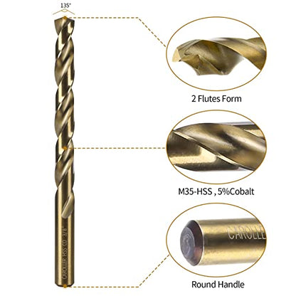 CaRoller Cobalt Drill Bit Set - 15 Pcs M35 High Speed Steel Twist Jobber Length Drill Set 1/16"-3/8" for Hardened Metal, Stainless Steel, Cast Iron, Wood and Plastic with Round Shank (15pcs Cobalt) - size: 1/16"-3/8"-15pcs-Cobalt