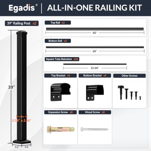 Egadis 2 Pack 36 in x 5 ft Modular Aluminum Porch and Deck Railing Kit - color: Level 5ft - 2panel 2post