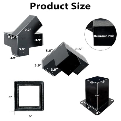 6 PCS Iron Pergola Brackets with 4 Post Bases & Covers - size: 14-Pc Gable Kit: 6P Brackets+4P Base&Cover