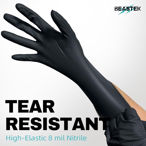 BEASTEK Nitrile Disposable Gloves, 8Mil Latex & Powder Free Chemical Resistant Heavy Duty Food Safe Diamond Glove Black 50Pcs - color: Large (Black)