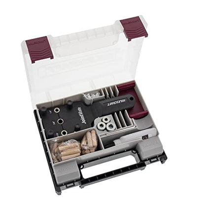 Milescraft 1333 DowelJig Kit - Self-Centering Handheld Dowel Jig with 3 Metal Bushing Sizes (1/4in, 5/16in, 3/8in) - Complete with all Accessories