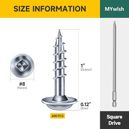 Mywish 600Pcs Pocket Hole Screws 1 Inch, Wood Screws #8 x 1 Washer Head Square Drive Self Tapping Pocket Screws, Zinc Plated, with 150MM Pocket Hole Drill Bit - color: Zinc-Plated, size: #8 x 1"