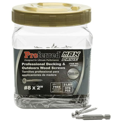 MAX Drive Professional Decking & Outdoor Wood Screws, Stainless Steel, #8 X 2, 6 Lobe 20 Drive (2 LBS, 375 pcs with 1 Bit in Jar), V57081 - size: #8 X 2", style: Stainless Steel